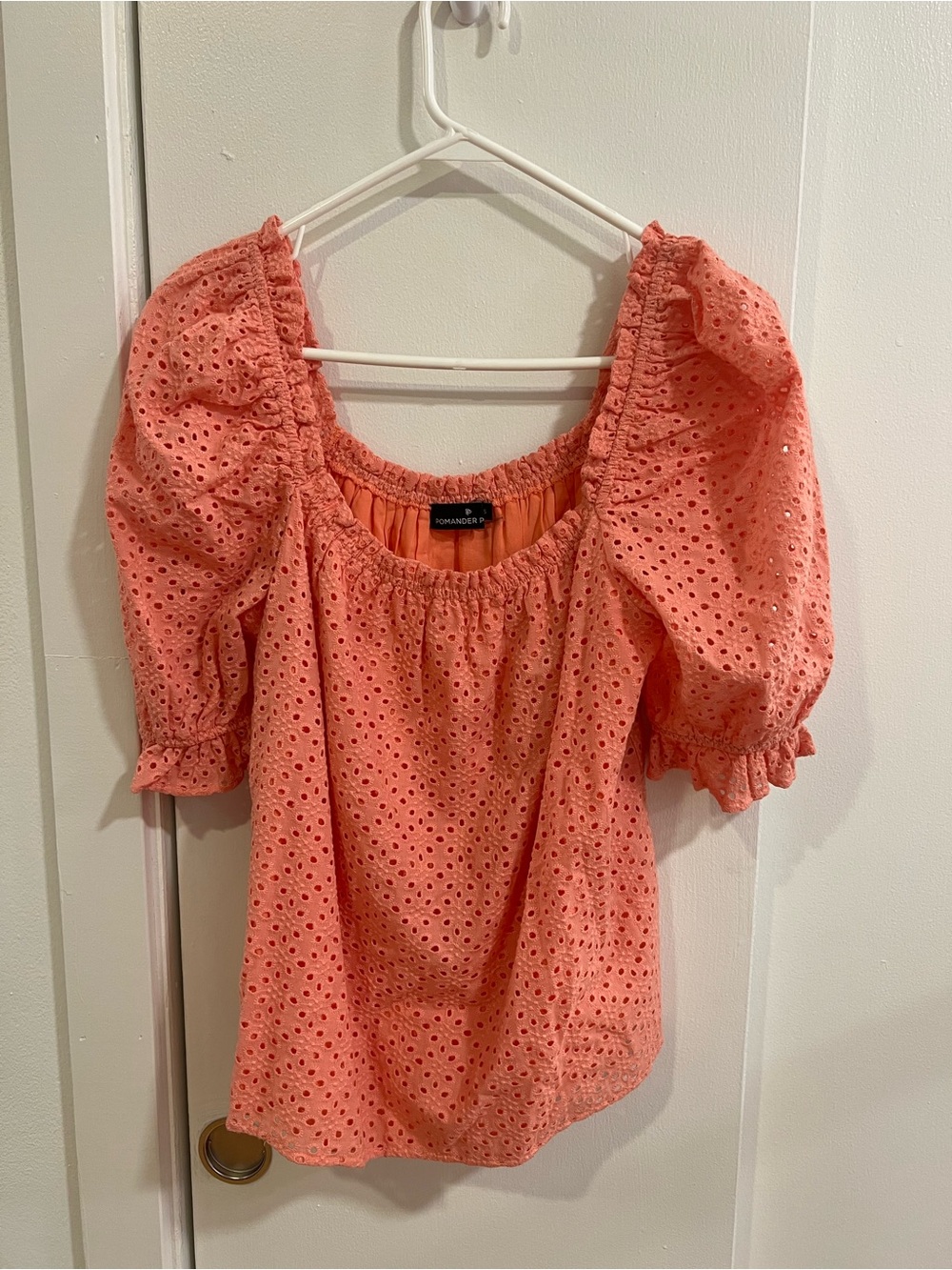Pomander Place Coral Eyelet Puff-Sleeve Top